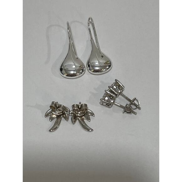 Sterling Silver Earrings 3 Pairs CZ Studs Silver Drops and Blue Opal Palm Trees - Picture 2 of 8